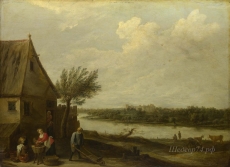 londongallery/david teniers the younger - a cottage by a river with a distant view of a castle